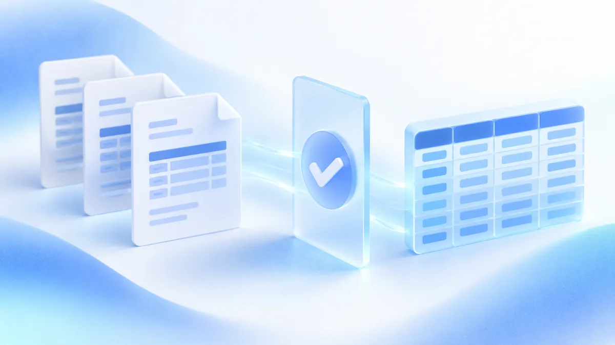 Illustration de documents passant par un contrôle avant leur conversion en données structurées pour un ERP